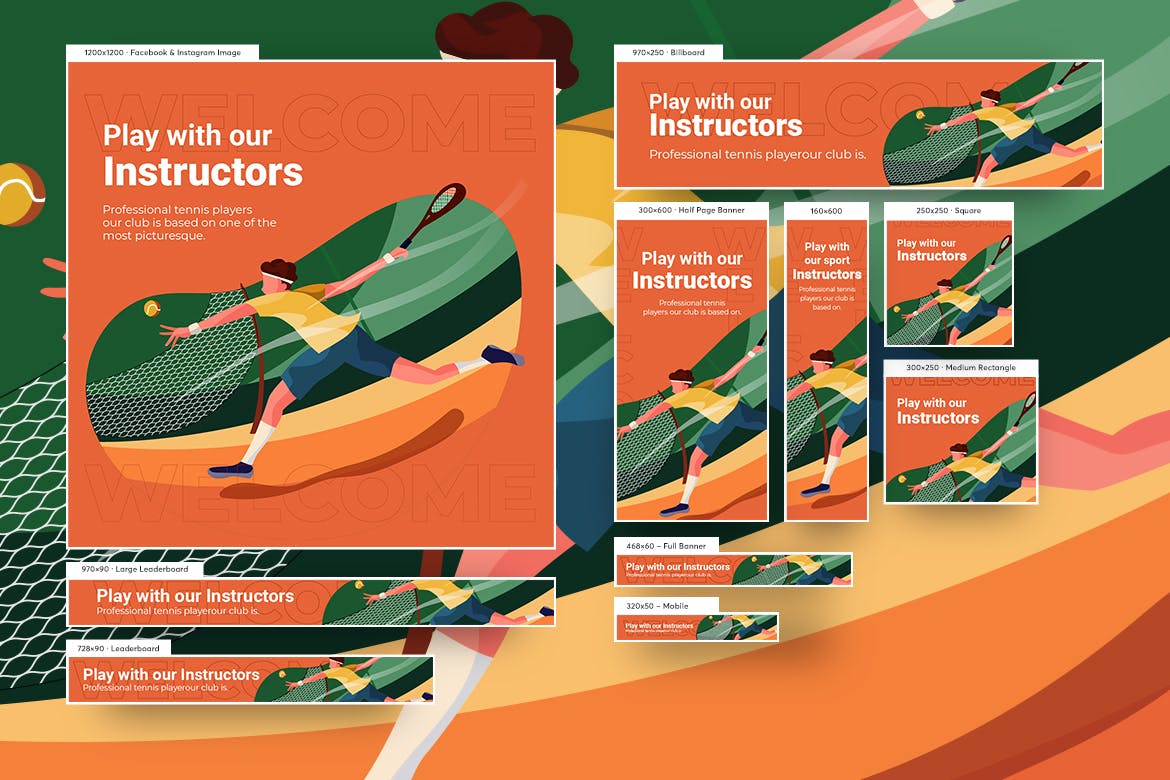 男子网球体育运动主题网站Banner广告图设计模板 Male Tennis Player Banners Ad Vector Illustration插图(1)