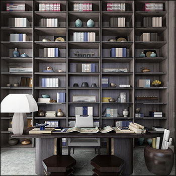 胡桃色实木书橱书桌椅组合素材之家精选3D模型