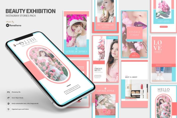 美妆品牌Instagram社交推广品牌故事设计素材包 Beauty Exhibition – Instagram Stories Pack