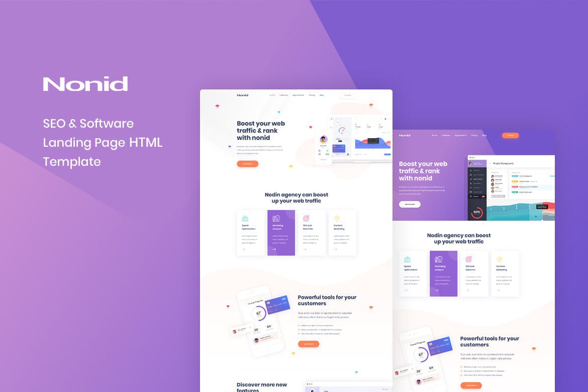 网站优化&营销推广服务着陆页HTML模板素材库精选 Nonid – SEO & Software Landing Page HTML Template插图