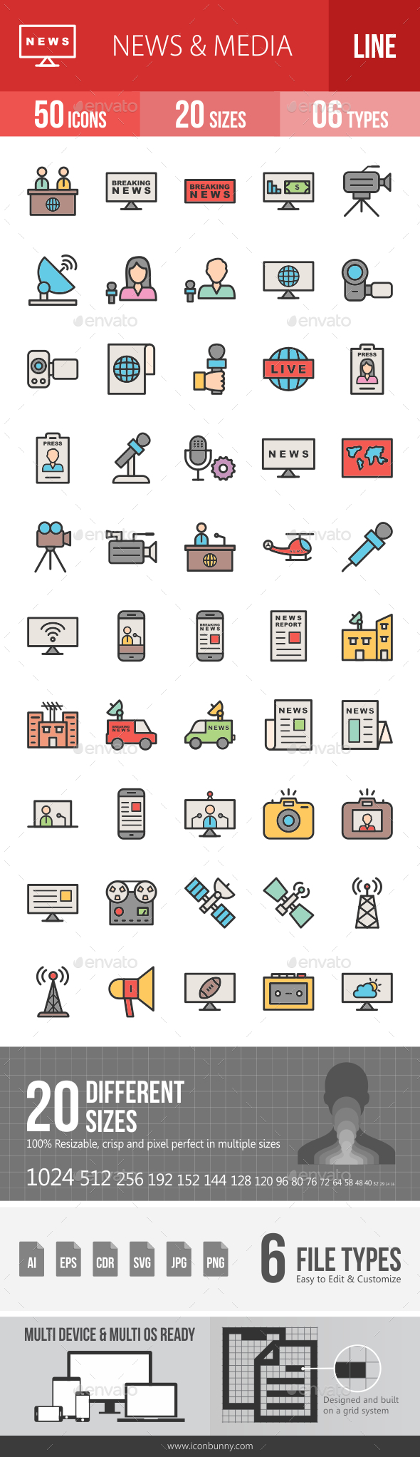 50枚新闻媒体类线描彩色图标[AI，CDR，EPS，JPG，PNG，SVG]插图