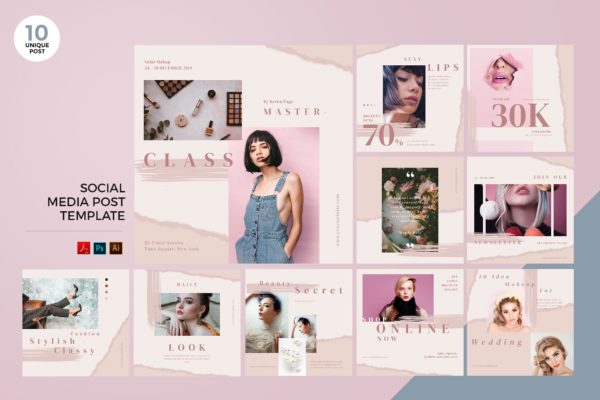 时尚化妆品推广社交媒体设计素材包 Fashion Cosmetic Social Media Kit PSD &amp; AI