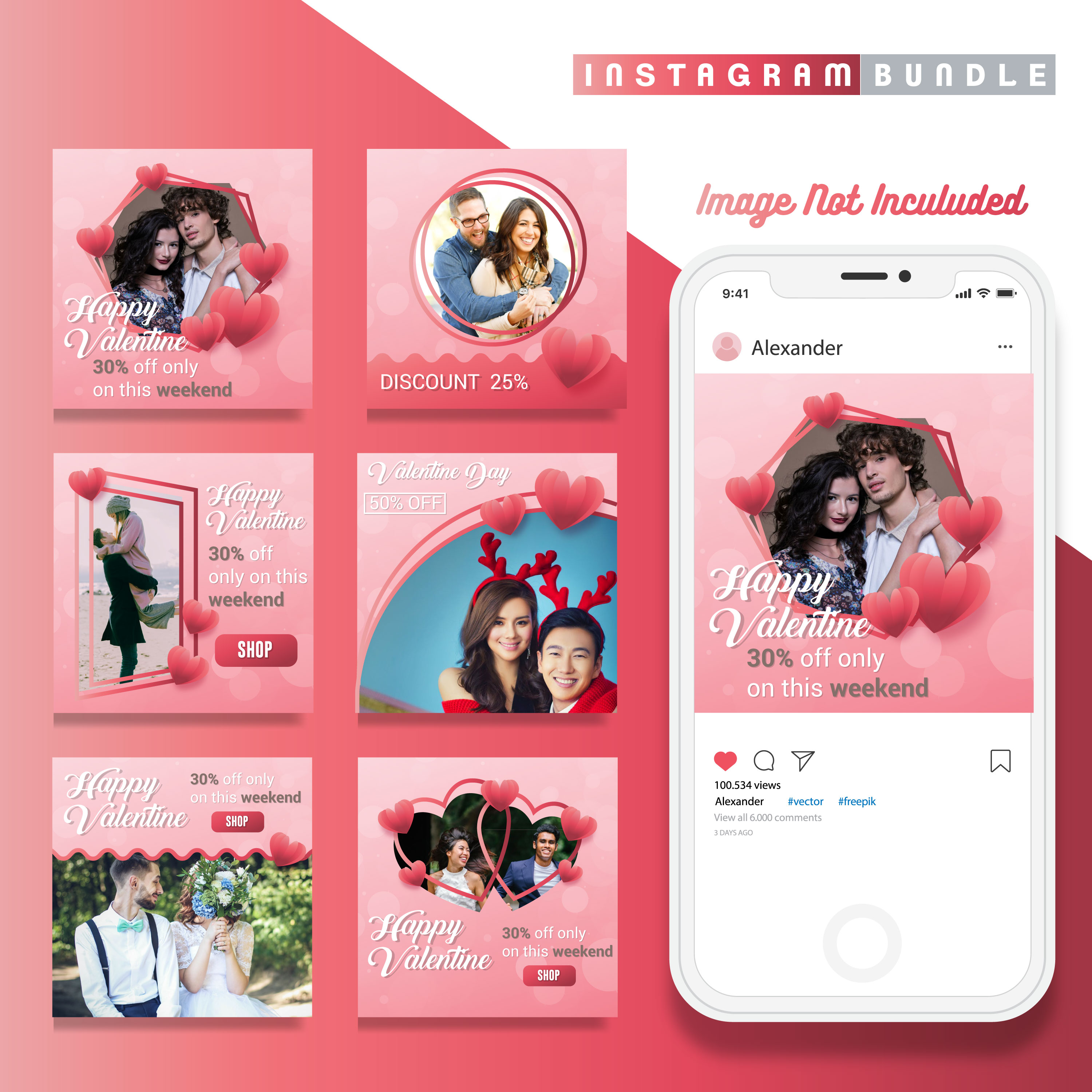 简约时尚爱情情人节Instagram社交媒体海报banner设计模板素材库精选插图
