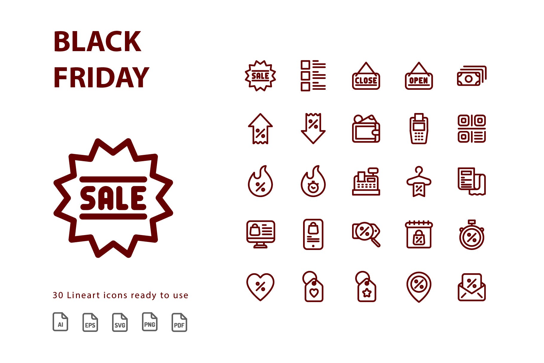 黑色星期五购物主题线性图标素材 Black Friday Lineart插图(1)