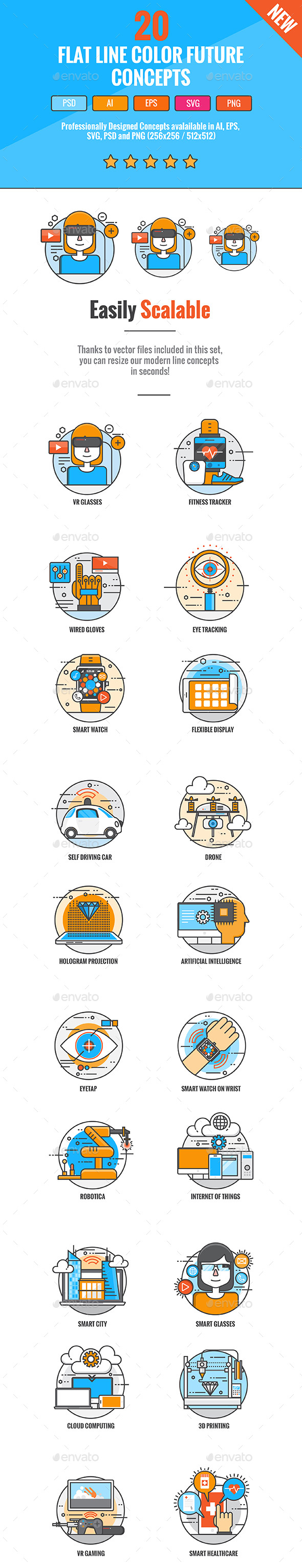 未来科技主题手绘彩色图标素材集 Flat Line Color Future Concepts插图
