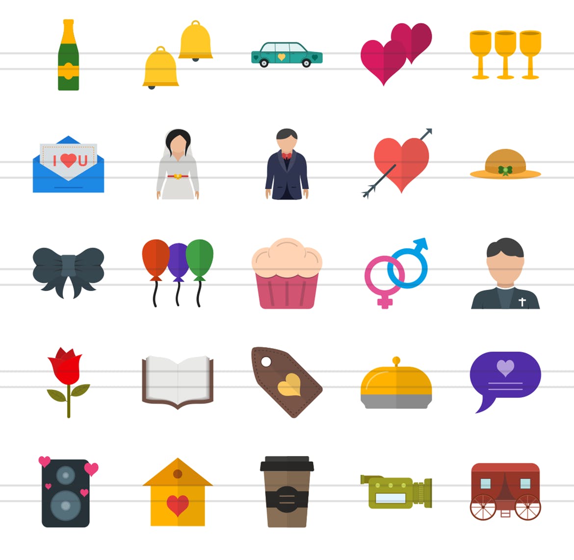 50枚婚礼婚宴主题扁平设计风彩色素材库精选图标 II 50 Wedding Flat Multicolor Icons Season II插图(2)