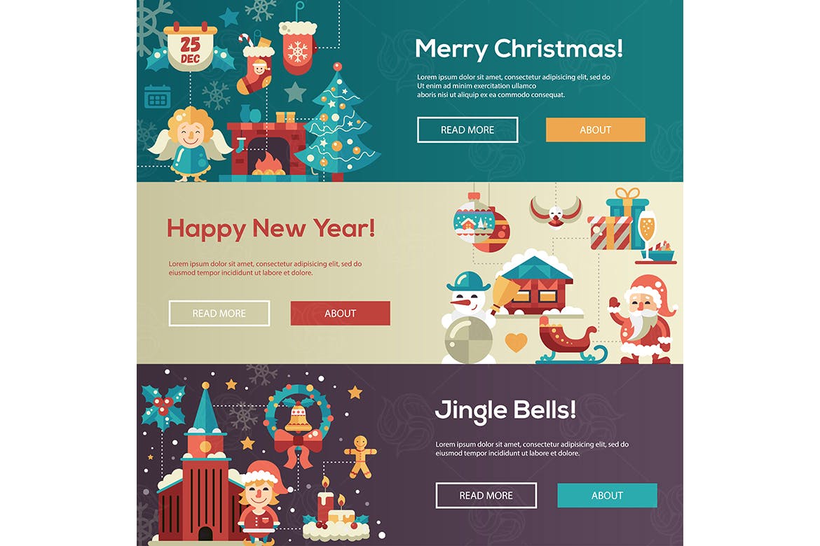 圣诞主题扁平设计风格设计网站横幅矢量插画 Christmas flat design website banners illustration插图