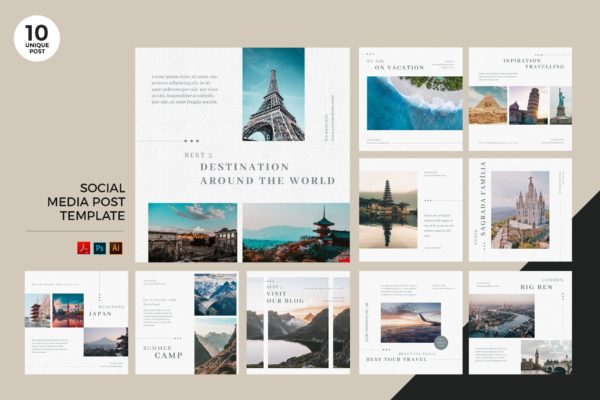旅游度假主题社交媒体设计素材包 Travelling Vacation Social Media Kit PSD &amp; AI
