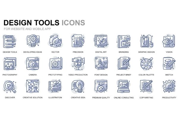 设计工具线性图标矢量素材 Design Tools Thin Line Icons