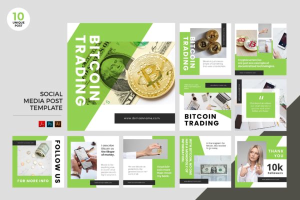 比特币交易主题社交媒体广告设计PSD&amp;AI模板素材库精选 Bitcoin Trading Social Media Kit PSD &amp; AI