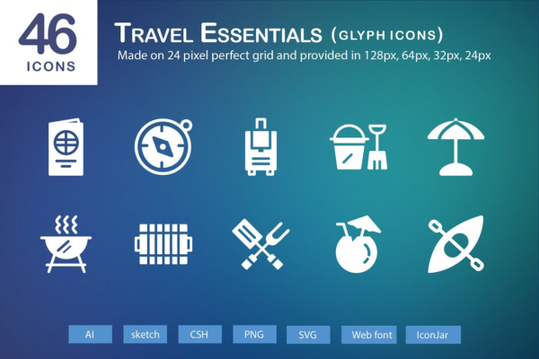 46个旅行必需品主题图标 46 Travel Essentials Glyph Icons