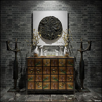 中国风墙面雕塑和侧边柜素材之家精选3D模型