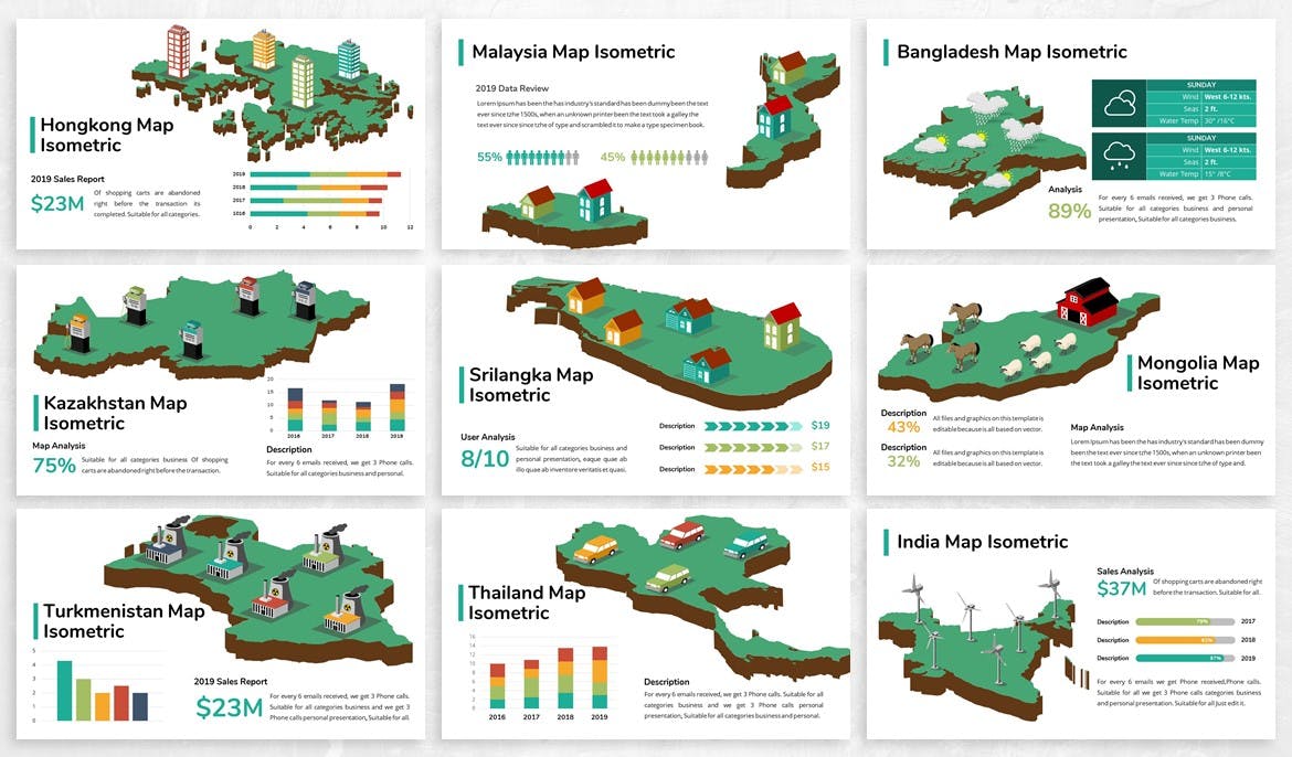 亚洲地区国家地图PPT幻灯片设计素材 Asia Maps Isometric & Legends For Powerpoint插图(1)