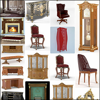 欧式复古实木家具沙发椅办公桌书橱等素材之家精选3D模型