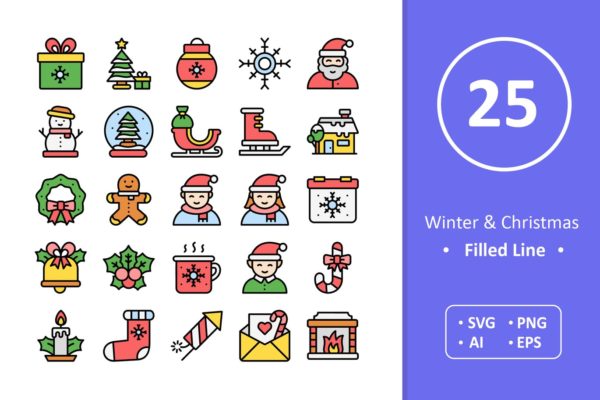 冬季&amp;圣诞节主题填充图标 Winter &amp; Christmas Icons – Filled Line
