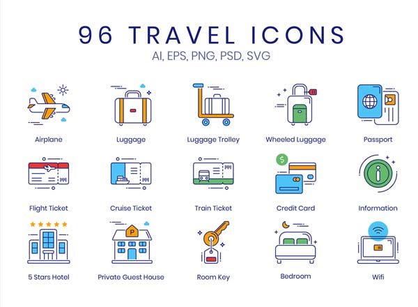 素材库下午茶：96个彩色的极简主义扁平化旅行主题图标套装[Ai]