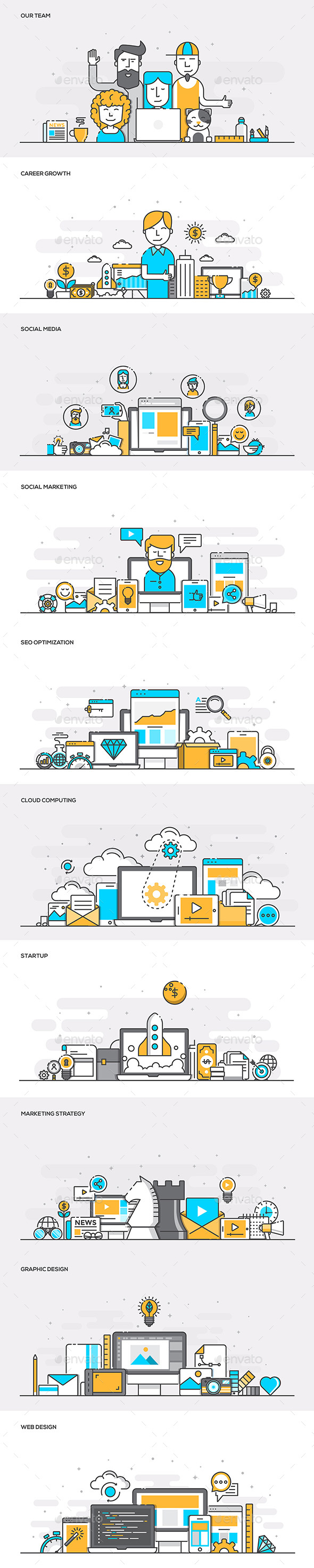 扁平彩色条幅 Banner 素材 Set of Flat Line Color Banners（二）插图