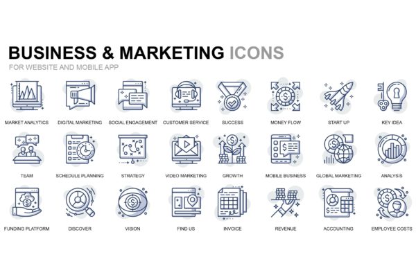 商业营销主题细线图标素材 Business and Marketing Thin Line Icons