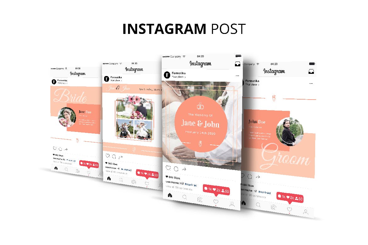 婚礼婚宴Instagram社交邀请函设计模板素材库精选 Wedding Instagram Kit Template插图(4)