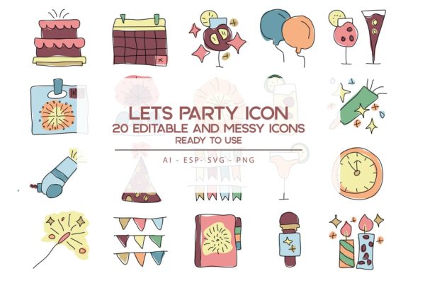 20枚活动派对主题手绘设计风格矢量素材库精选图标 Let’s Party Icons Set