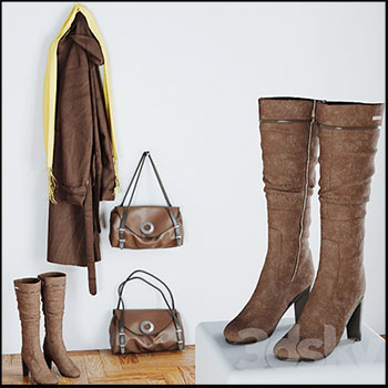 女人长筒皮靴风衣和皮包素材之家精选3D模型