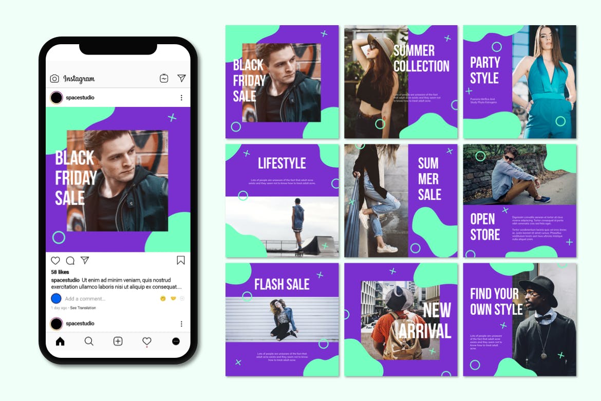 孟菲斯液体设计风格Instagram社交平台设计素材 Instagram Templates插图(1)
