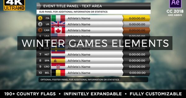 2018届冬季运动会比赛数据跟踪特效素材库精选AE模板 2018 Winter Games Elements – Medal Tracker &amp; Event Results &#