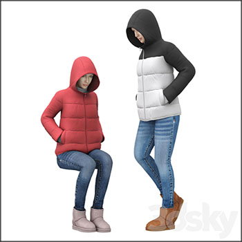穿羽绒服站立和坐立姿势的女人素材之家精选3D模型