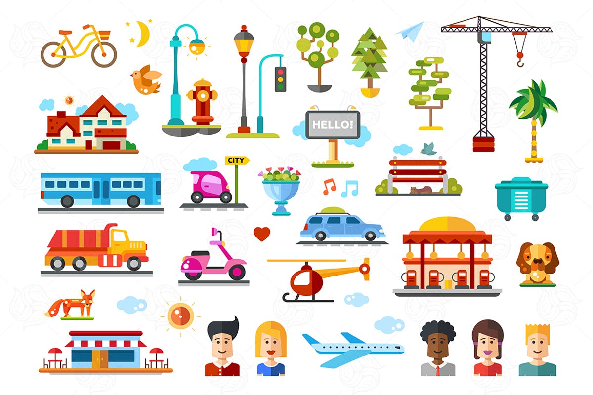 城市生活主题矢量扁平化设计图标合集 Urban objects – vector flat design icons set插图