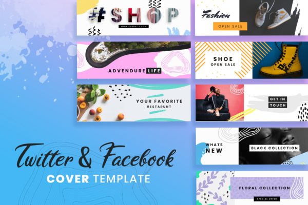 孟菲斯风格Facebook&amp;Twitter封面设计模板素材库精选 Facebook &amp; Twitter Cover Templates