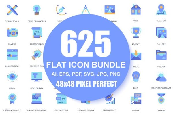 现代多领域蓝色扁平化设计图标 Flat Icons Blue Style