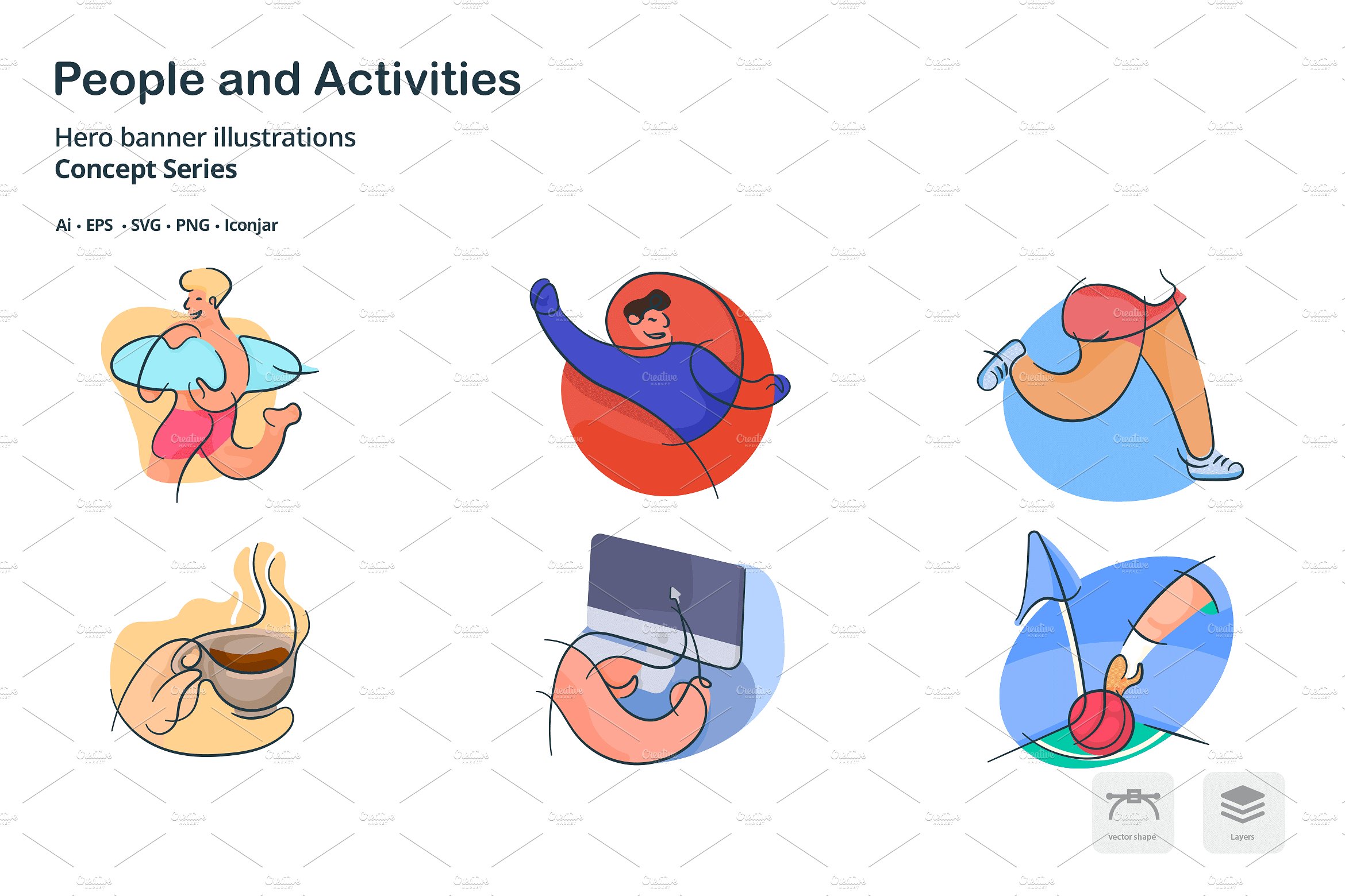 人物活动涂鸦写意线条图标 People Doodle Line Icons插图(2)