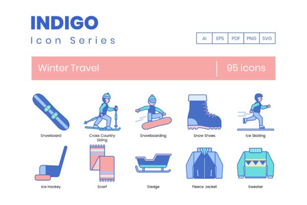 95枚靛蓝配色冬季旅行主题矢量素材库精选图标合集 95 Winter Travel Icons | Indigo Series