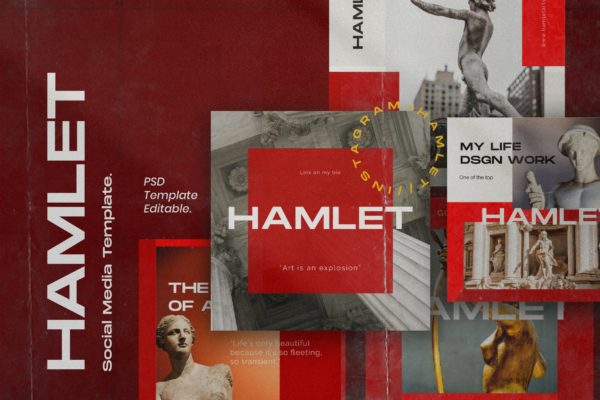 红色设计风格Instagram贴图&amp;品牌故事设计素材包v2 HAMLET PACK 2 – Instagram Template + Stories