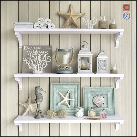 装饰架上的海星海马蜡烛花瓶贝壳等装饰品素材之家精选3D模型