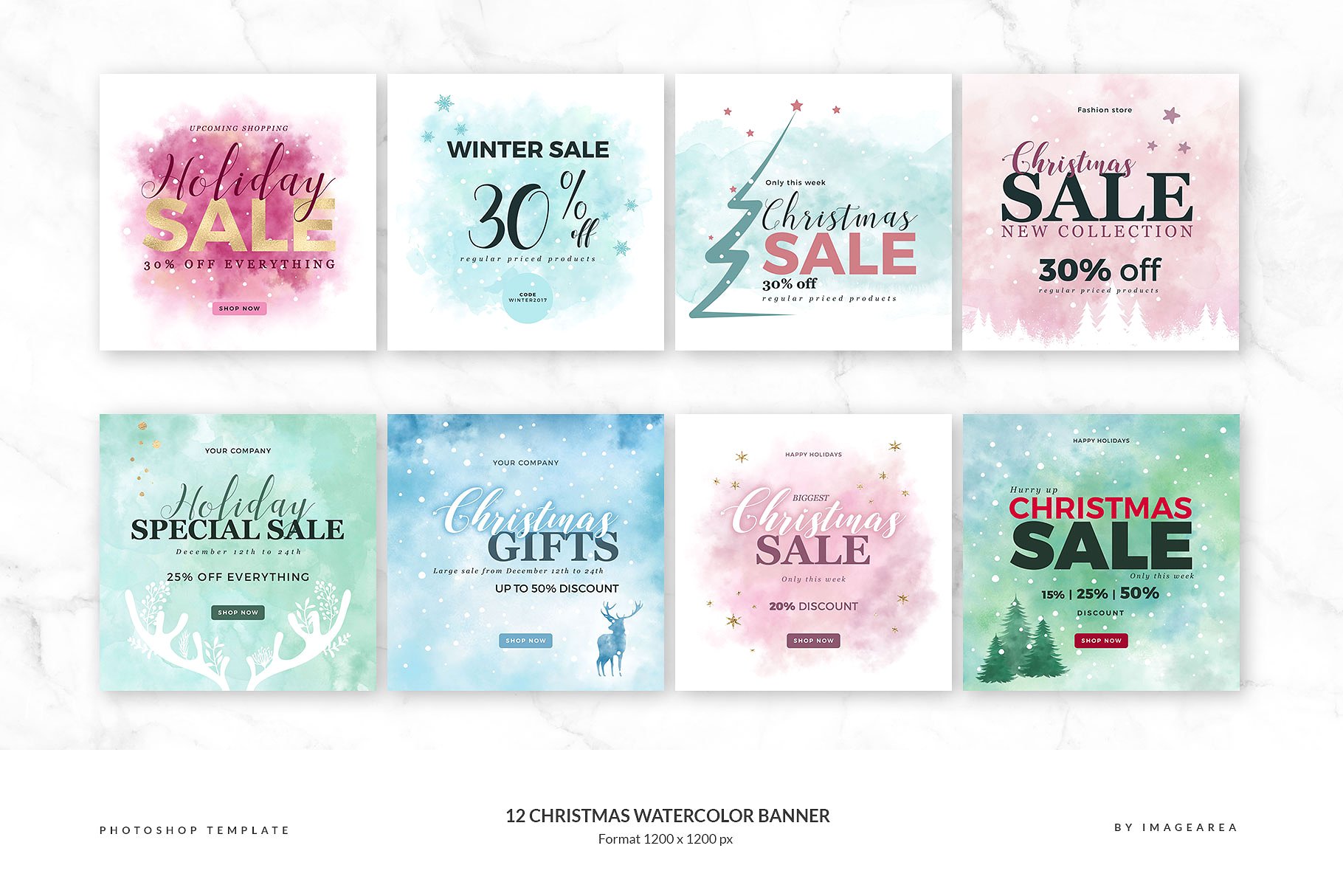 12款圣诞节主题社交媒体广告Banner模板 Christmas Watercolor Banner插图(1)