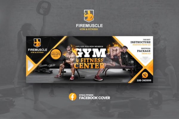 健身房社交Banner素材库精选广告模板素材 Firemuscle Gym &amp; Fitness Facebook Template