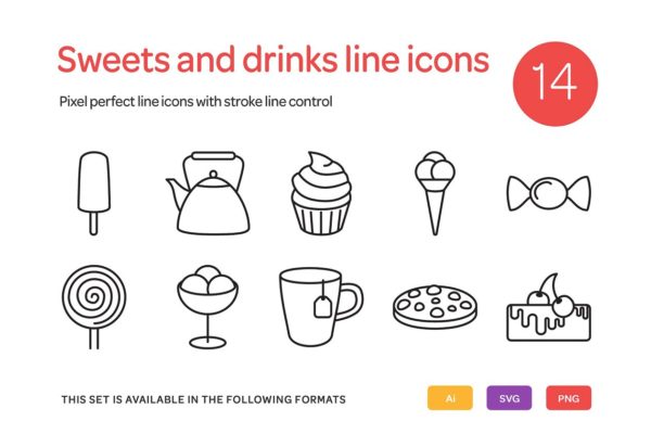 14个糖果和饮料系列线型图标集 Sweets and Drinks Line Icons Set