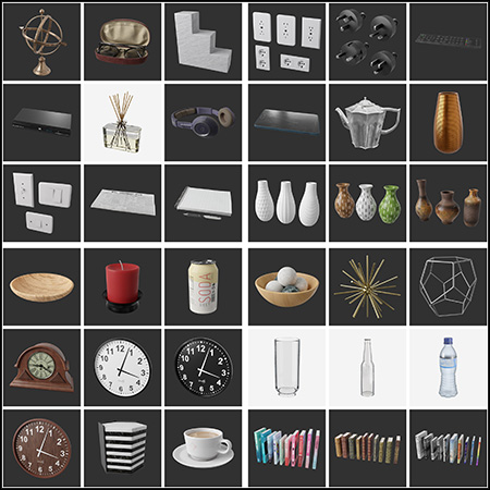 42款花瓶时钟瓶子书本罐子面板插座室内装饰品素材之家精选3D模型