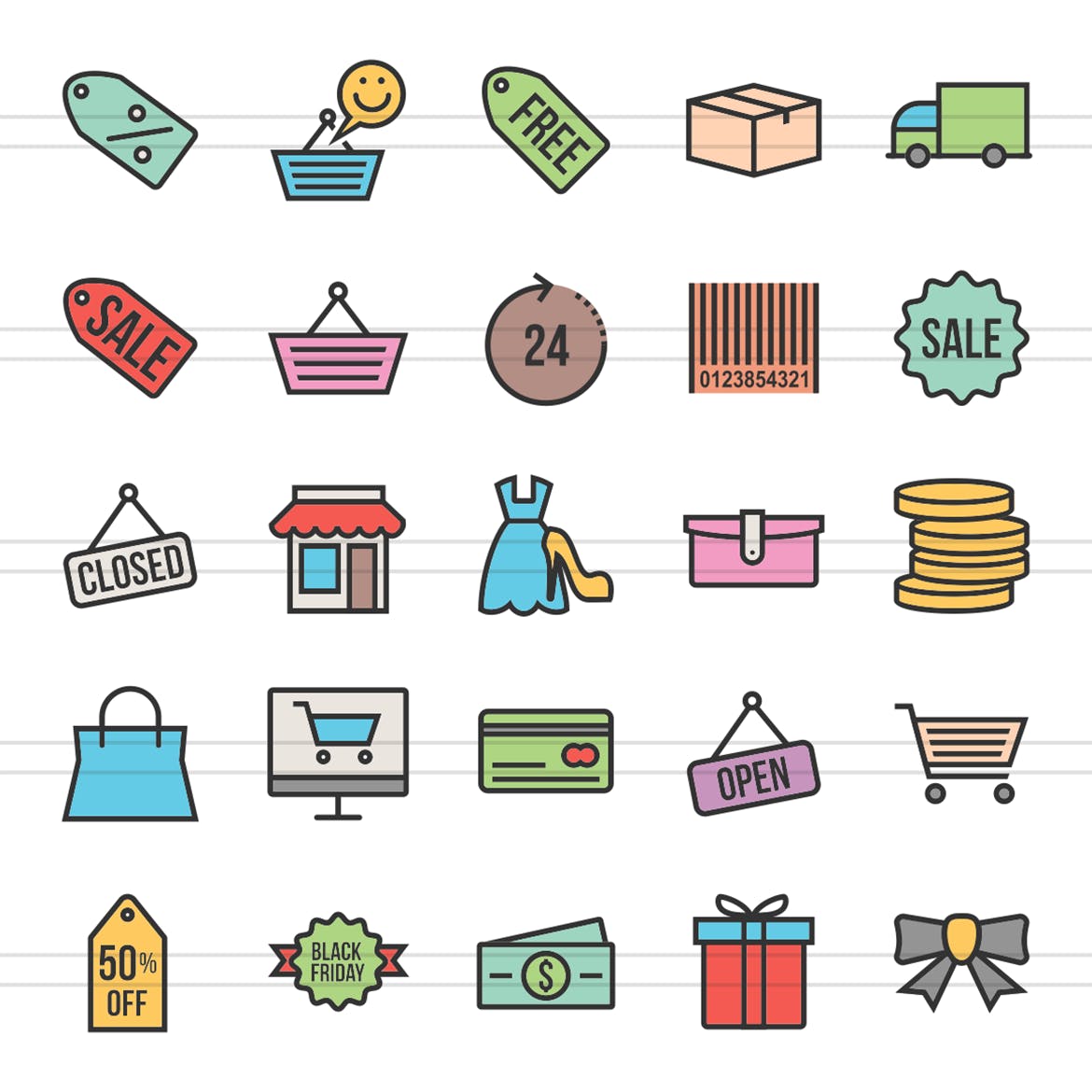 25个黑色星期五购物节主题填充图标素材 25 Black Friday Line Filled Icons插图(1)
