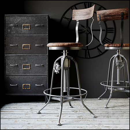 工业风钟楼和椅子文件柜素材之家精选3D模型