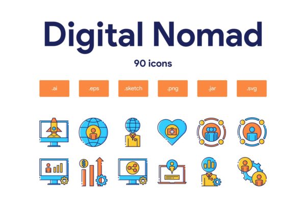 90枚数字游民主题填色线性素材库精选图标 Digital Nomad Icon Set
