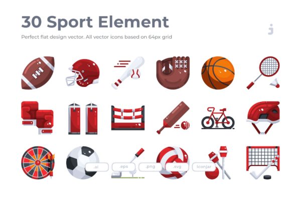 30枚体育运动器械彩色矢量图标素材 30 Sport Element Icons – Flat