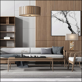 新中式双人沙发吊灯台灯挂画书柜组合素材之家精选3D模型