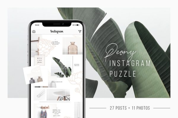 Instagram社交平台拼图设计风格贴图模板素材库精选 Peony Instagram Puzzle Template + 11 Photos