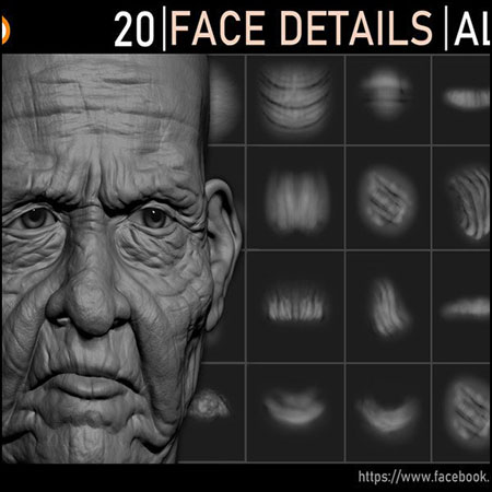 20个手工雕刻的面部细节alphas纹理贴图