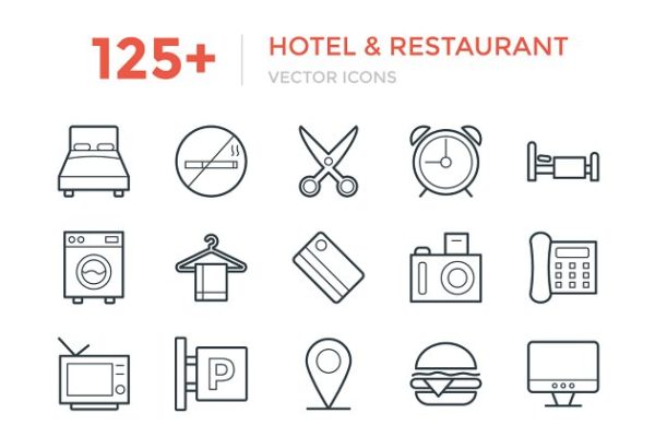 125 +酒店和餐厅主题图标 125+ Hotel and Restaurant Icons