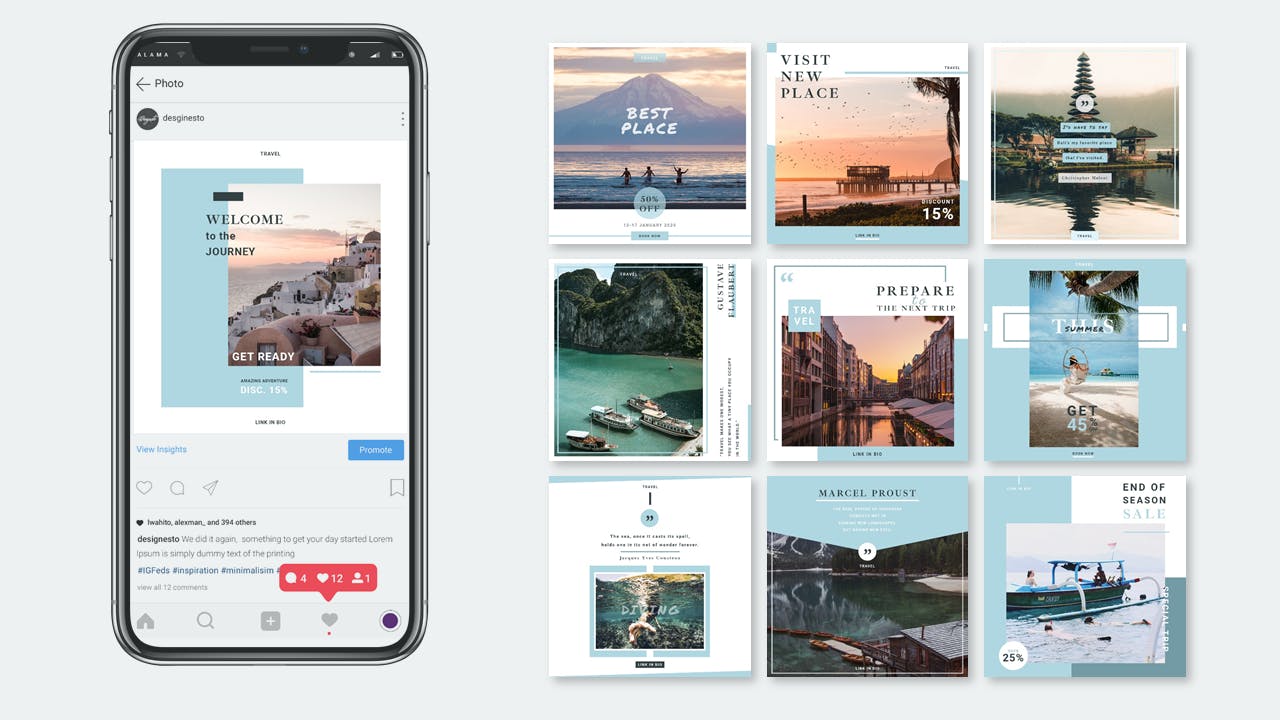 旅行文化主题Instagram信息流贴图设计模板素材库精选 Tora – Instagram Feeds Pack插图(1)