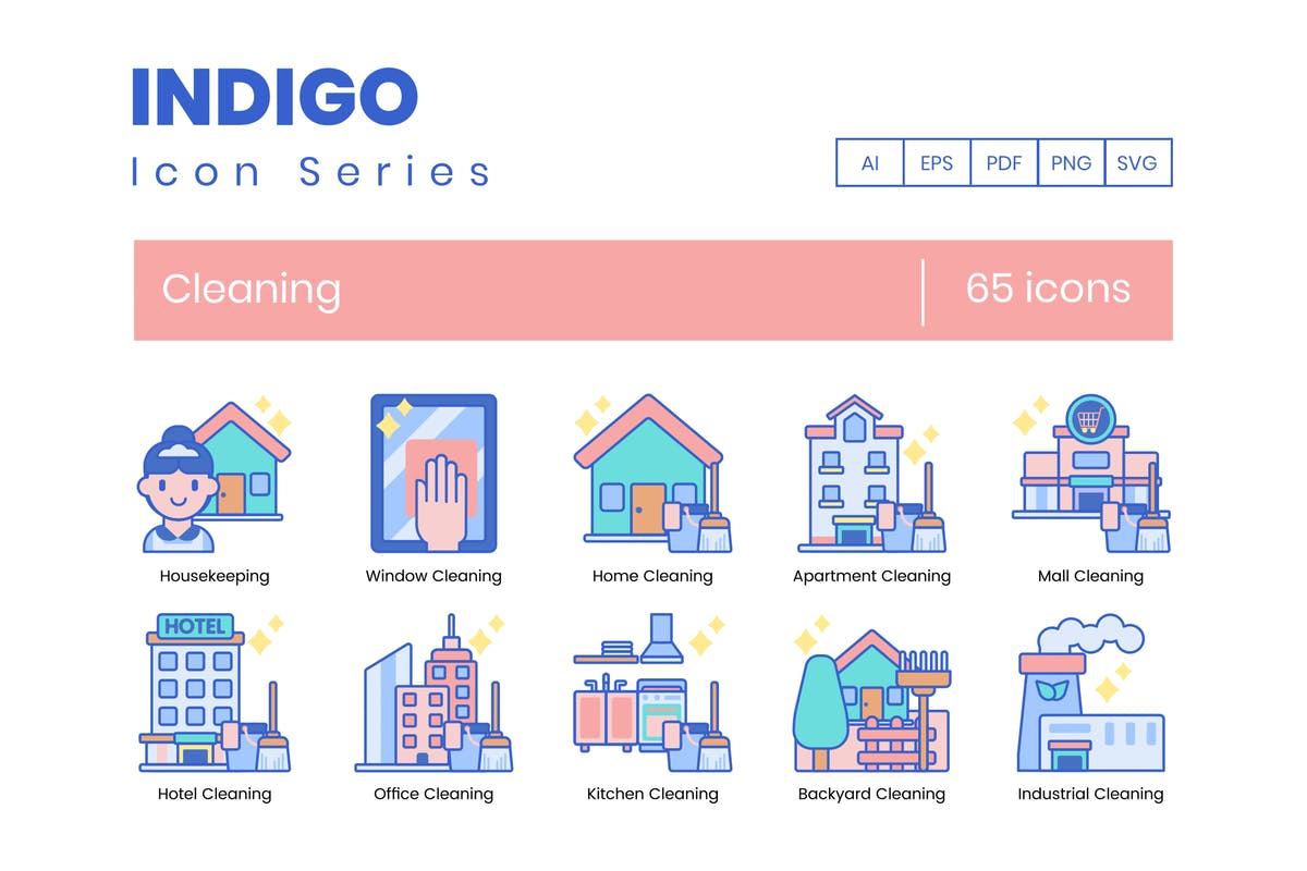 65个靛蓝配色家政清洁服务图标合集 65 Cleaning Icons | Indigo Series插图