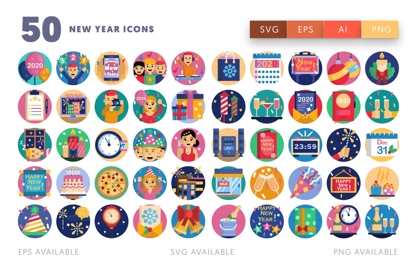 50枚新年主题圆形矢量素材库精选图标素材 New year icons插图(1)